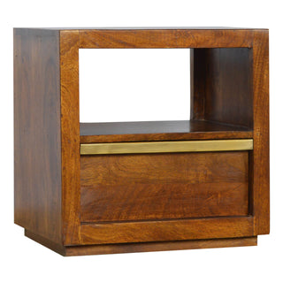 Mango Wood Bedside Table with Brass Plated Accents, Chestnut Finish