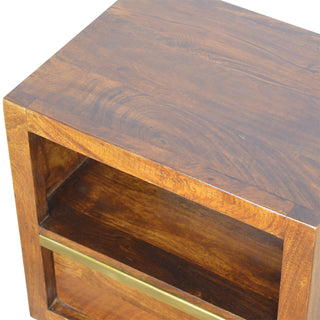 Mango Wood Bedside Table with Brass Plated Accents, Chestnut Finish