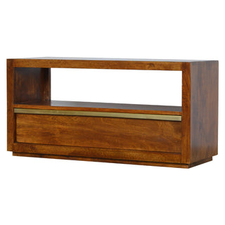 Brass-Accented Chestnut TV Stand in Solid Mango Wood
