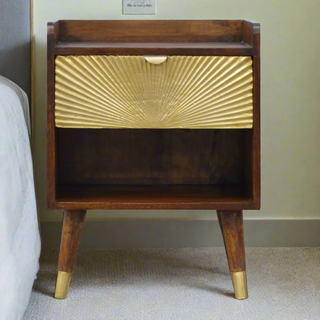 Mango Wood Sunrise Bedside Table with Brass Plated Drawer