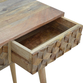Cube Carved 2 Drawer Console Table, Oak Finish