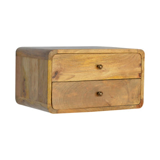 Mango Wood Wide Floating Bedside Table with 2 Drawers, Oak Finish