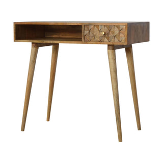 Mango Wood Diamond Carved Desk in Oak Finish