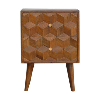 Cube Carved Bedside Table with 2 Drawers in Mango Wood, Chestnut Finish