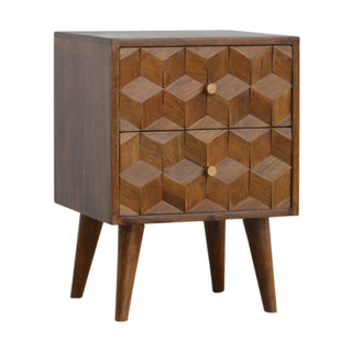 Cube Carved Bedside Table with 2 Drawers in Mango Wood, Chestnut Finish