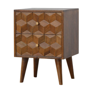 Cube Carved Bedside Table with 2 Drawers in Mango Wood, Chestnut Finish
