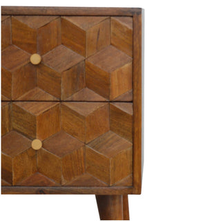 Cube Carved Bedside Table with 2 Drawers in Mango Wood, Chestnut Finish