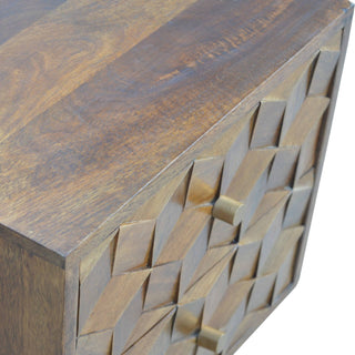 Cube Carved Bedside Table with 2 Drawers in Mango Wood, Chestnut Finish