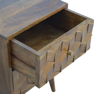 Cube Carved Bedside Table with 2 Drawers in Mango Wood, Chestnut Finish