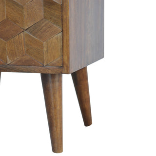 Cube Carved Bedside Table with 2 Drawers in Mango Wood, Chestnut Finish