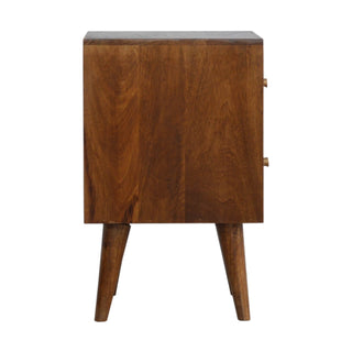Cube Carved Bedside Table with 2 Drawers in Mango Wood, Chestnut Finish