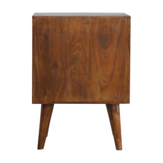 Cube Carved Bedside Table with 2 Drawers in Mango Wood, Chestnut Finish