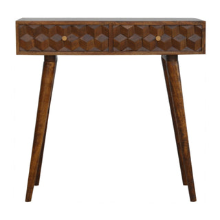 Mango Wood Cube Carved Console Table, Chestnut Finish
