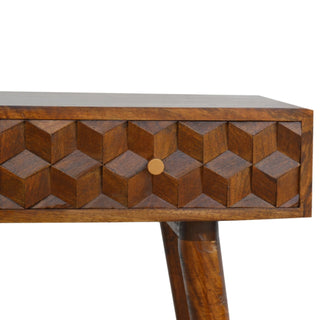 Mango Wood Cube Carved Console Table, Chestnut Finish