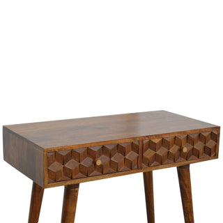 Mango Wood Cube Carved Console Table, Chestnut Finish