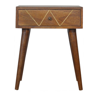 Mango Wood Geometric Brass Inlay Bedside Table, Chestnut Finish