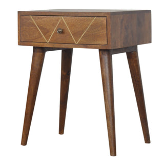 Mango Wood Geometric Brass Inlay Bedside Table, Chestnut Finish
