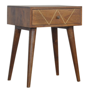 Mango Wood Geometric Brass Inlay Bedside Table, Chestnut Finish