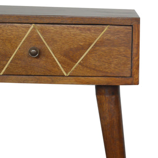 Mango Wood Geometric Brass Inlay Bedside Table, Chestnut Finish