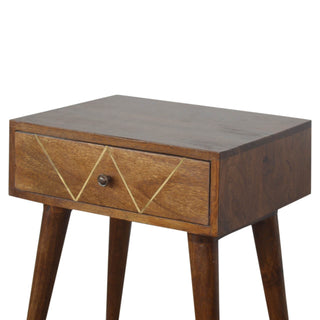 Mango Wood Geometric Brass Inlay Bedside Table, Chestnut Finish