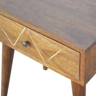 Mango Wood Geometric Brass Inlay Bedside Table, Chestnut Finish