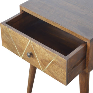 Mango Wood Geometric Brass Inlay Bedside Table, Chestnut Finish