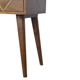 Mango Wood Geometric Brass Inlay Bedside Table, Chestnut Finish