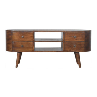 4-Drawer TV Stand with 2 Shelves – Mango Wood, Chestnut Finish