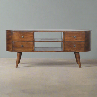 4-Drawer TV Stand with 2 Shelves – Mango Wood, Chestnut Finish