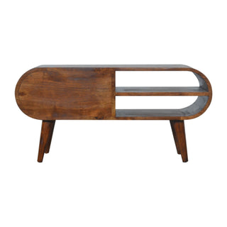 London 2-Drawer, 2-Shelf Round Design TV Stand in Chestnut Finish