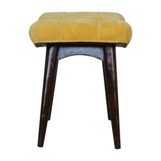 Mango Wood & Upholstered Curved Bench in Mustard