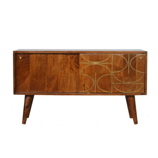 Mango Wood Abstract Sideboard with Brass Inlay, Chestnut Finish