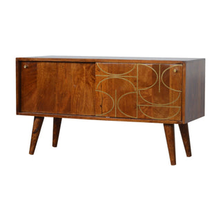 Mango Wood Abstract Sideboard with Brass Inlay, Chestnut Finish
