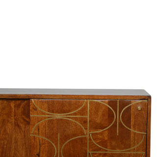 Mango Wood Abstract Sideboard with Brass Inlay, Chestnut Finish