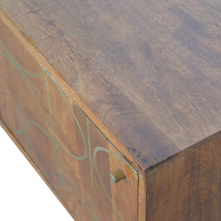 Mango Wood Abstract Sideboard with Brass Inlay, Chestnut Finish