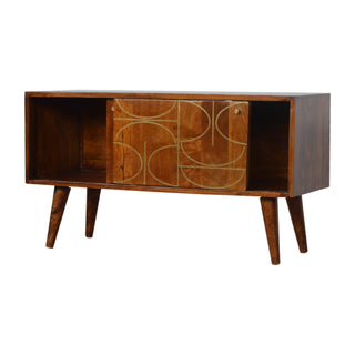 Mango Wood Abstract Sideboard with Brass Inlay, Chestnut Finish