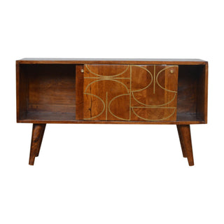 Mango Wood Abstract Sideboard with Brass Inlay, Chestnut Finish