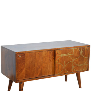 Mango Wood Abstract Sideboard with Brass Inlay, Chestnut Finish