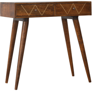 Mango Wood 2 Drawer Console Table, Chestnut Finish and Brass Inlay