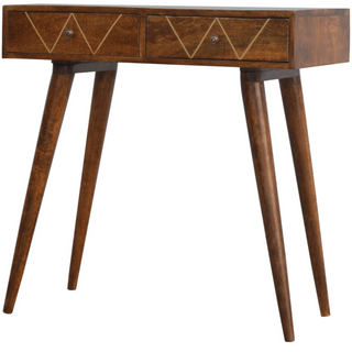 Mango Wood 2 Drawer Console Table, Chestnut Finish and Brass Inlay