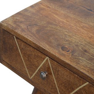 Mango Wood 2 Drawer Console Table, Chestnut Finish and Brass Inlay