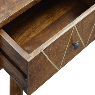 Mango Wood 2 Drawer Console Table, Chestnut Finish and Brass Inlay