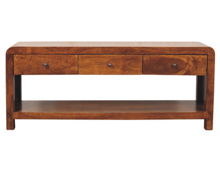 Wide 3-Drawer Mango Wood TV Stand with Chestnut Finish