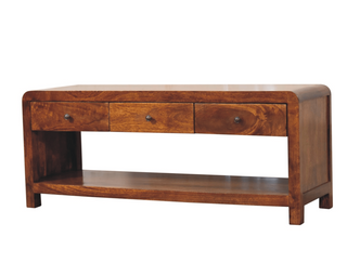 Wide 3-Drawer Mango Wood TV Stand with Chestnut Finish