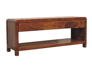 Wide 3-Drawer Mango Wood TV Stand with Chestnut Finish
