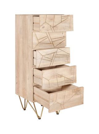 Solid Wood Tall 5-Drawer Chest – Natural & Brass Inlay