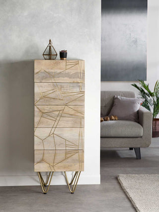 Solid Wood Tall 5-Drawer Chest – Natural & Brass Inlay