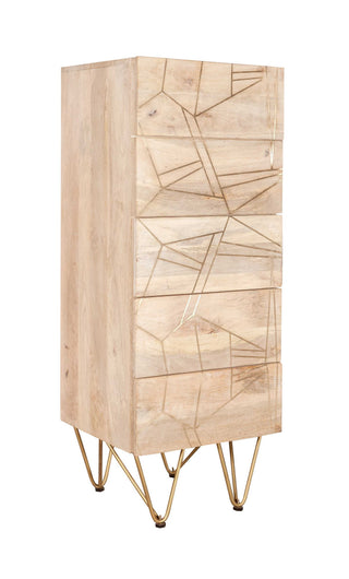Solid Wood Tall 5-Drawer Chest – Natural & Brass Inlay