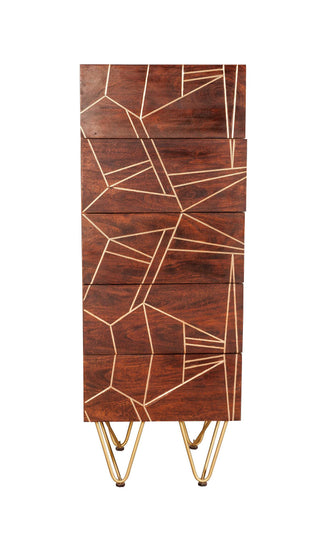 Solid Wood Tall 5-Drawer Chest – Dark Walnut & Brass Inlay