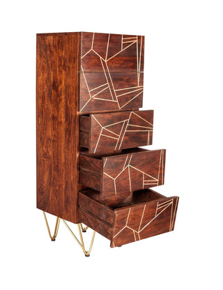 Solid Wood Tall 5-Drawer Chest – Dark Walnut & Brass Inlay